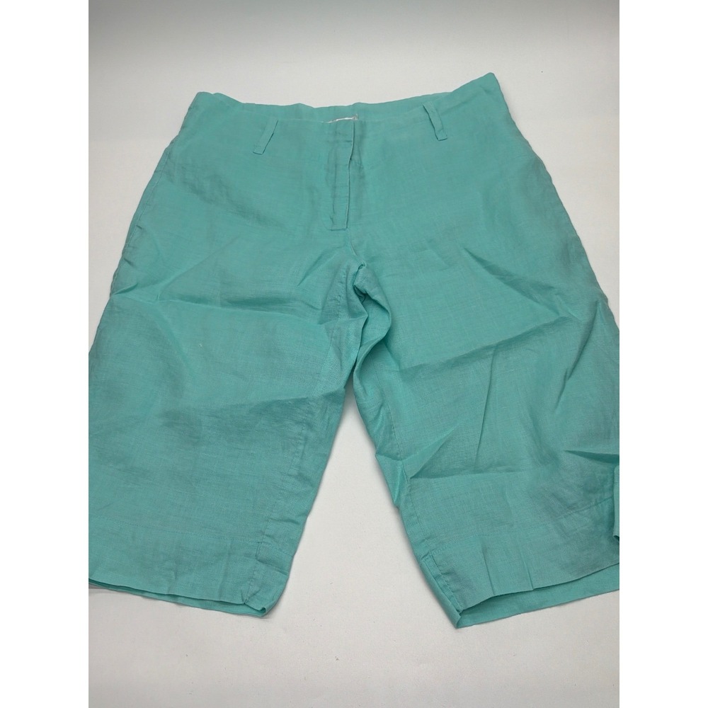 Allison Taylor Women Teal 100% Linen Lined Bermuda Shorts Size 4 Mid Rise Green